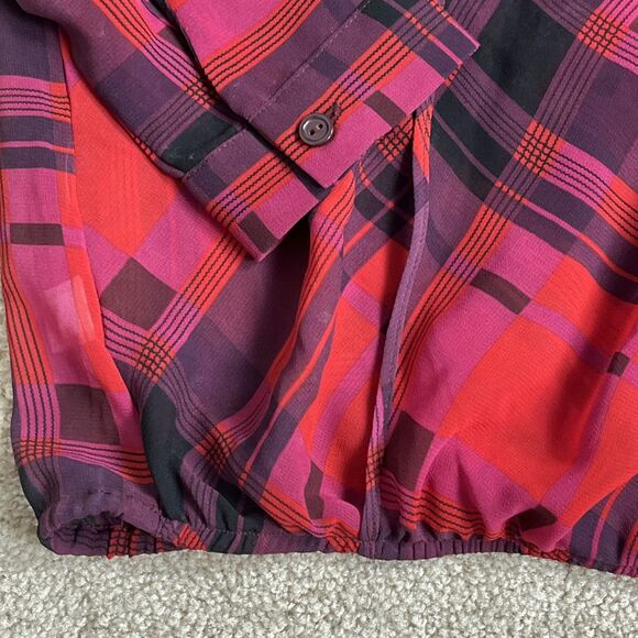 Ann Taylor LOFT Red Plaid Sheer V-Neck Blouse‎ Faux Wrap Sz SP Petite S - Picture 5 of 6